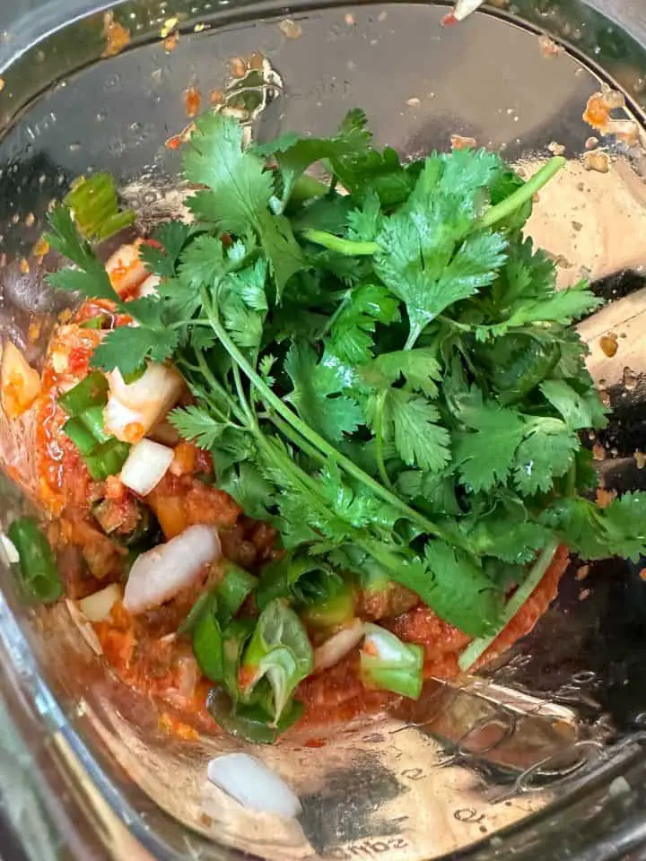 A blender containing blended red and green bell pepper, topped with some diced onion, parsley and cilantro.