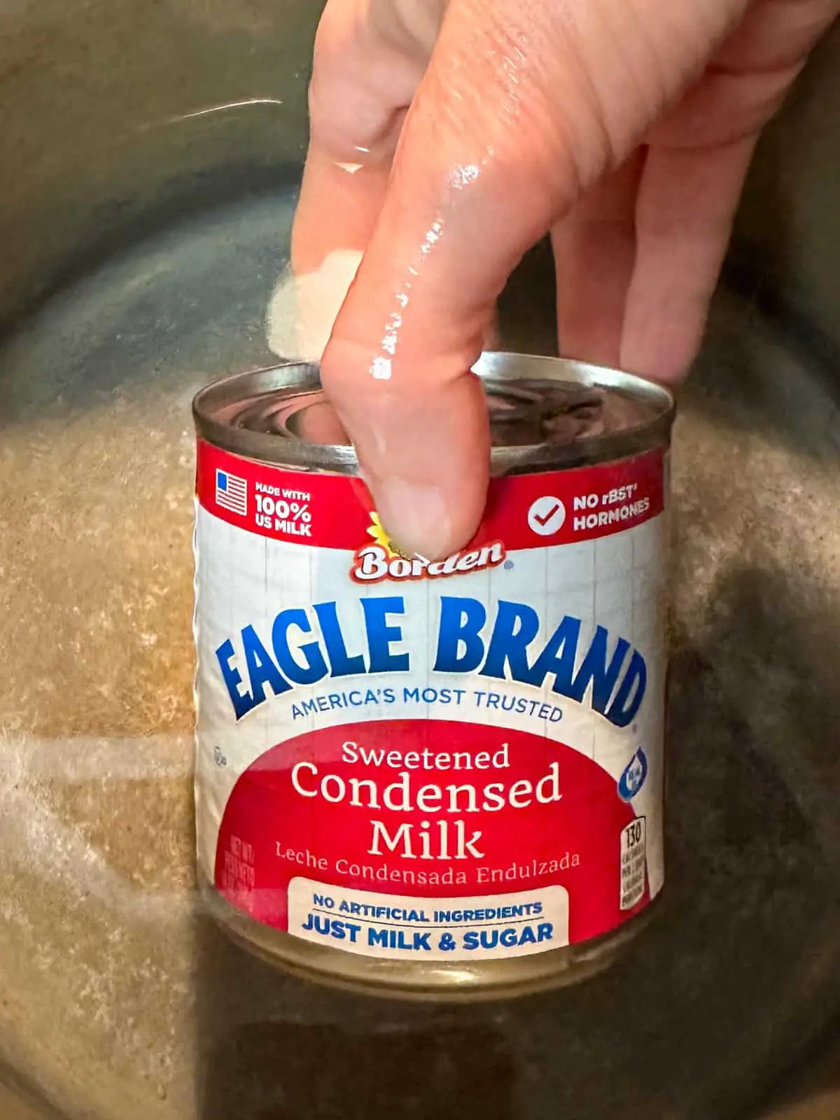 A large stockpot containing water. There is a hand holding a can of Eagle Brand Sweetened Condensed Milk about to put it under the water.