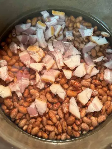 A large pot containing beans, water covering the beans, and diced bacon.