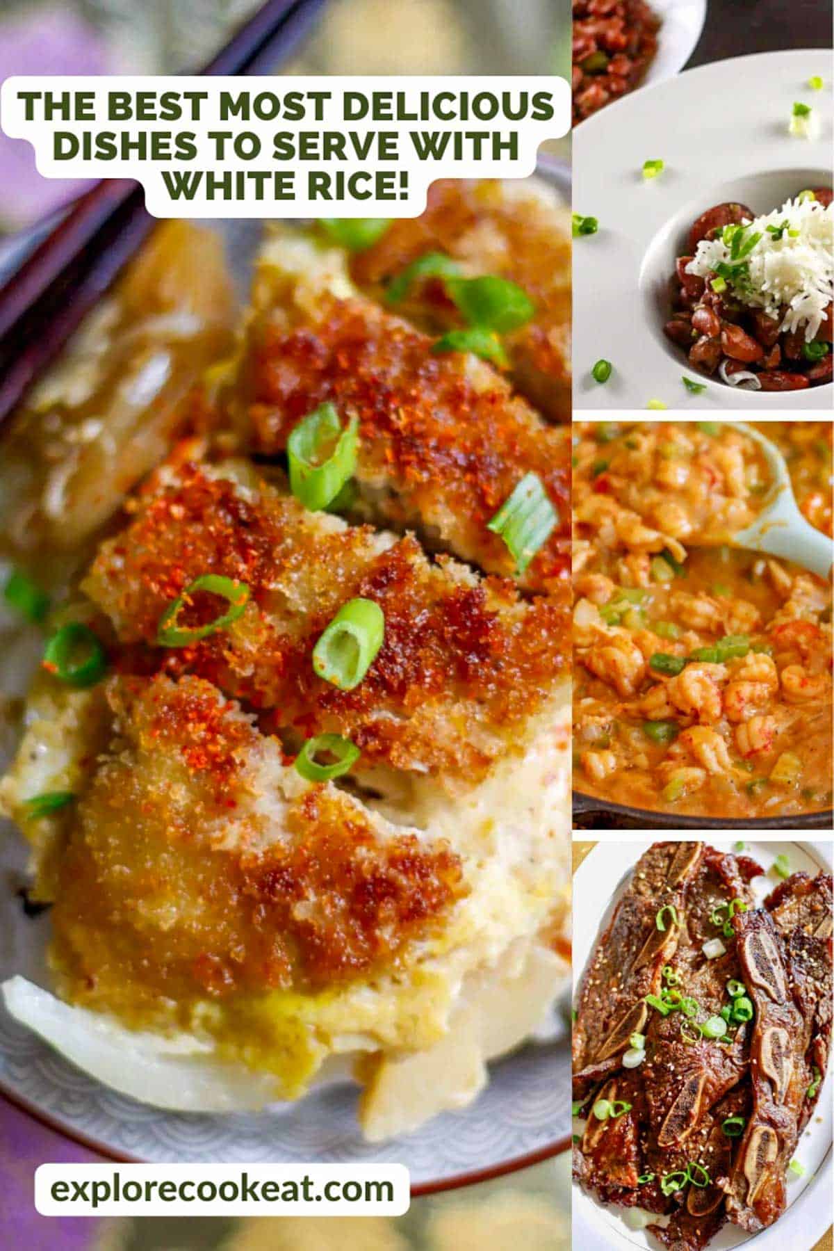 A collage containing Japanese Pork Katsudon, New Orleans Red Beans and Rice, Crawfish Étouffée, and Korean Short Ribs with a text overlay that says The Best Most Delicious Dishes To Serve With White Rice!