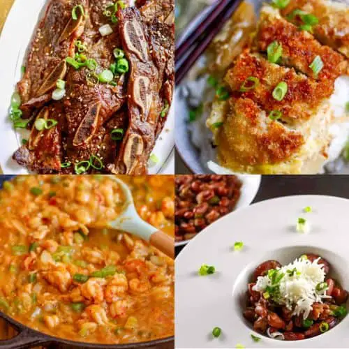 A collage containing Japanese Pork Katsudon, New Orleans Red Beans and Rice, Crawfish Étouffée, and Korean Short Ribs.