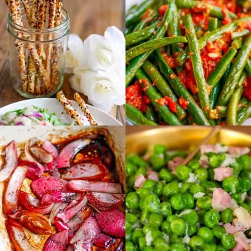 A photo collage containing peas and ham, balsamic onions, Everything Bagel breadsticks, and green beans and tomatoes.