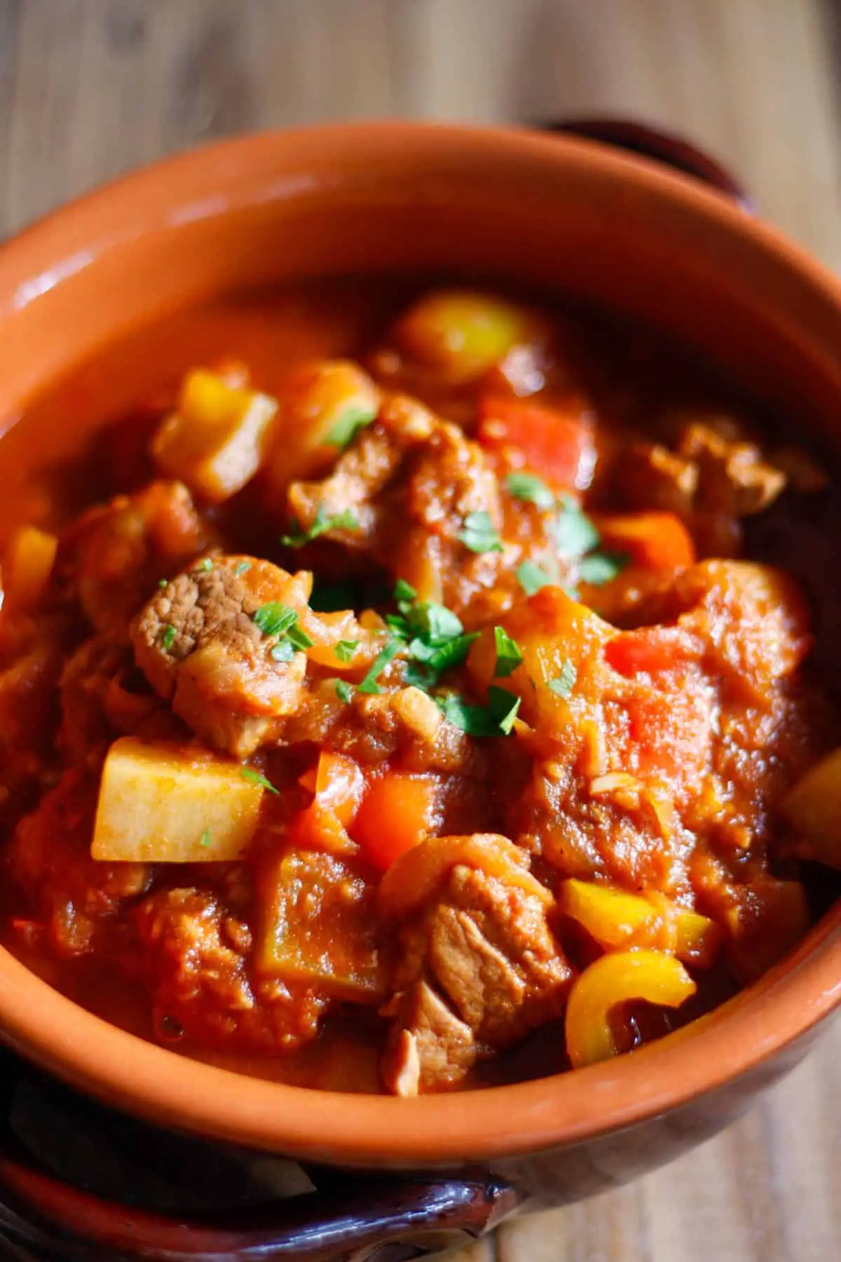 Hungarian Pork Goulash garnished with parsley in a terracotta bowl.