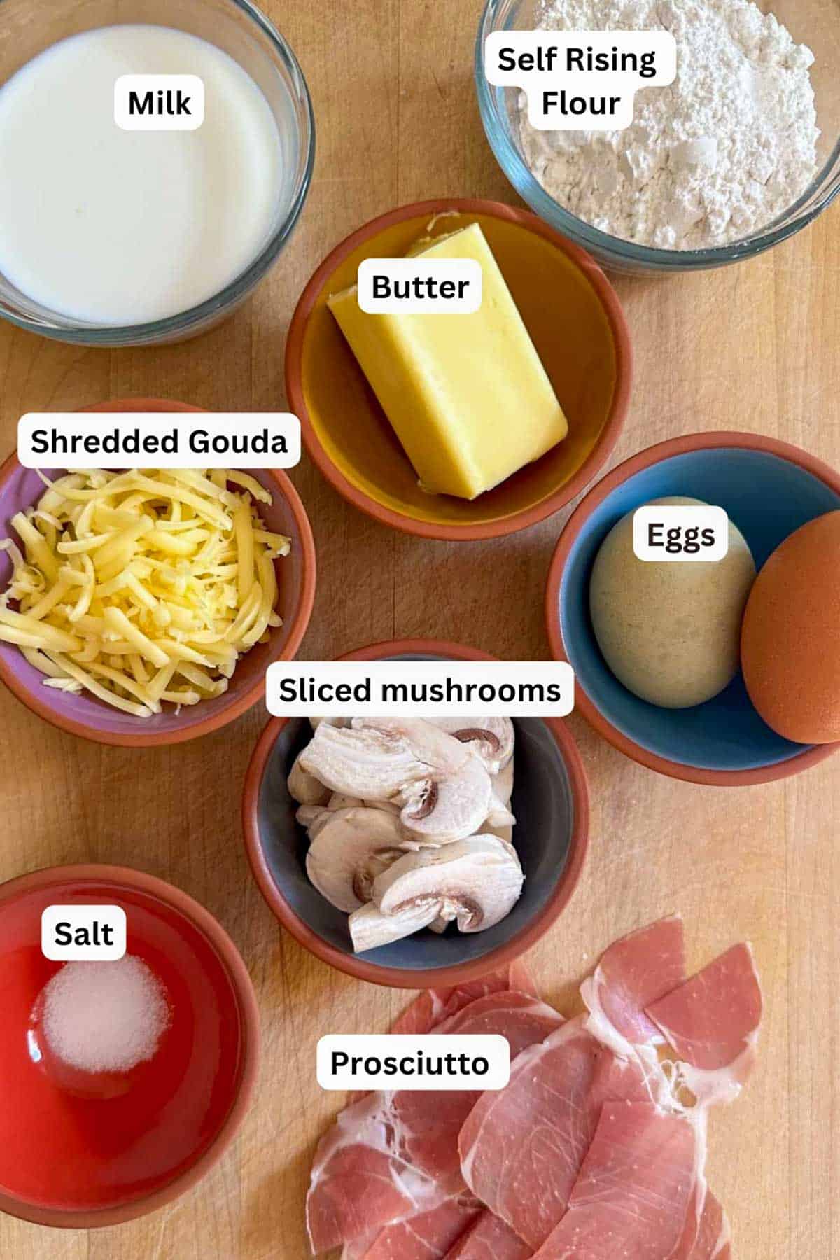 The ingredients needed to make this savory pancake including milk, flour, butter, gouda, eggs, mushrooms, salt, and prosciutto.