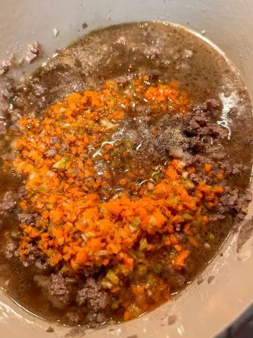 Beef broth, finely chopped carrot and celery, finely chopped onion, garlic and shallot and seasonings in a Dutch oven.