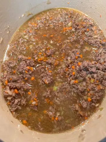 Beef broth, finely chopped carrot and celery, finely chopped onion, garlic and shallot and seasonings in a Dutch oven.