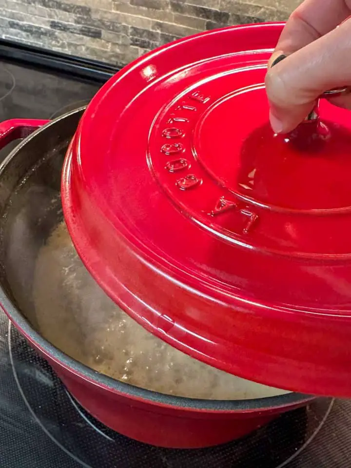 Gumbo mix dissolved in water in a large red pot. There is someone holding the lid of the pot over the pot.