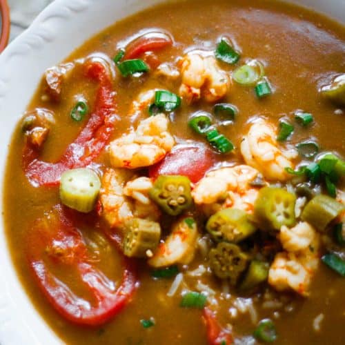A white bowl containing shrimp gumbo with stewed tomatoes and sliced okra and green onions as garnish.