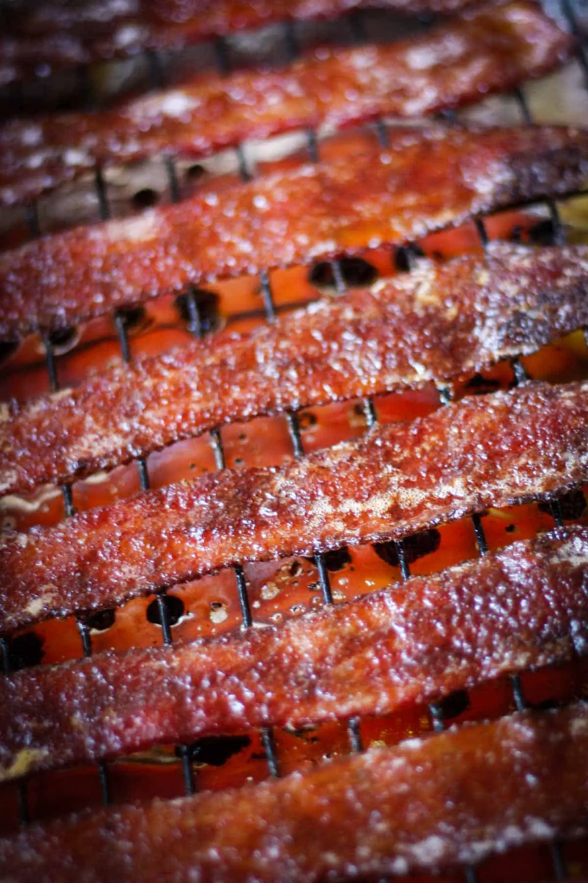 Oven baked HOT Scorpion Pepper Bacon on a rack. There are bacon drippings underneath the bacon.