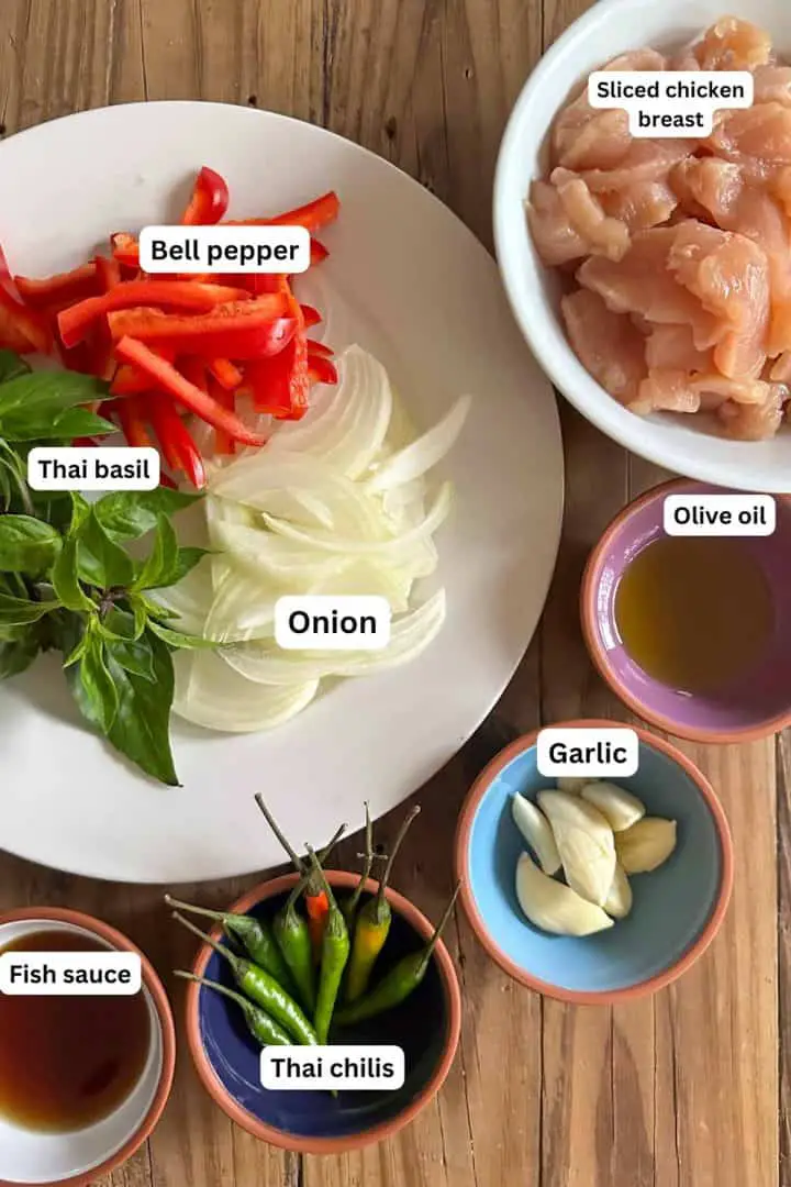 Ingredients for Spicy Chicken with Thai basil including sliced chicken breast, olive oil, garlic, Thai chilis and fish sauce in bowls, and sliced red bell pepper, sliced onion, and Thai basil on a plate.