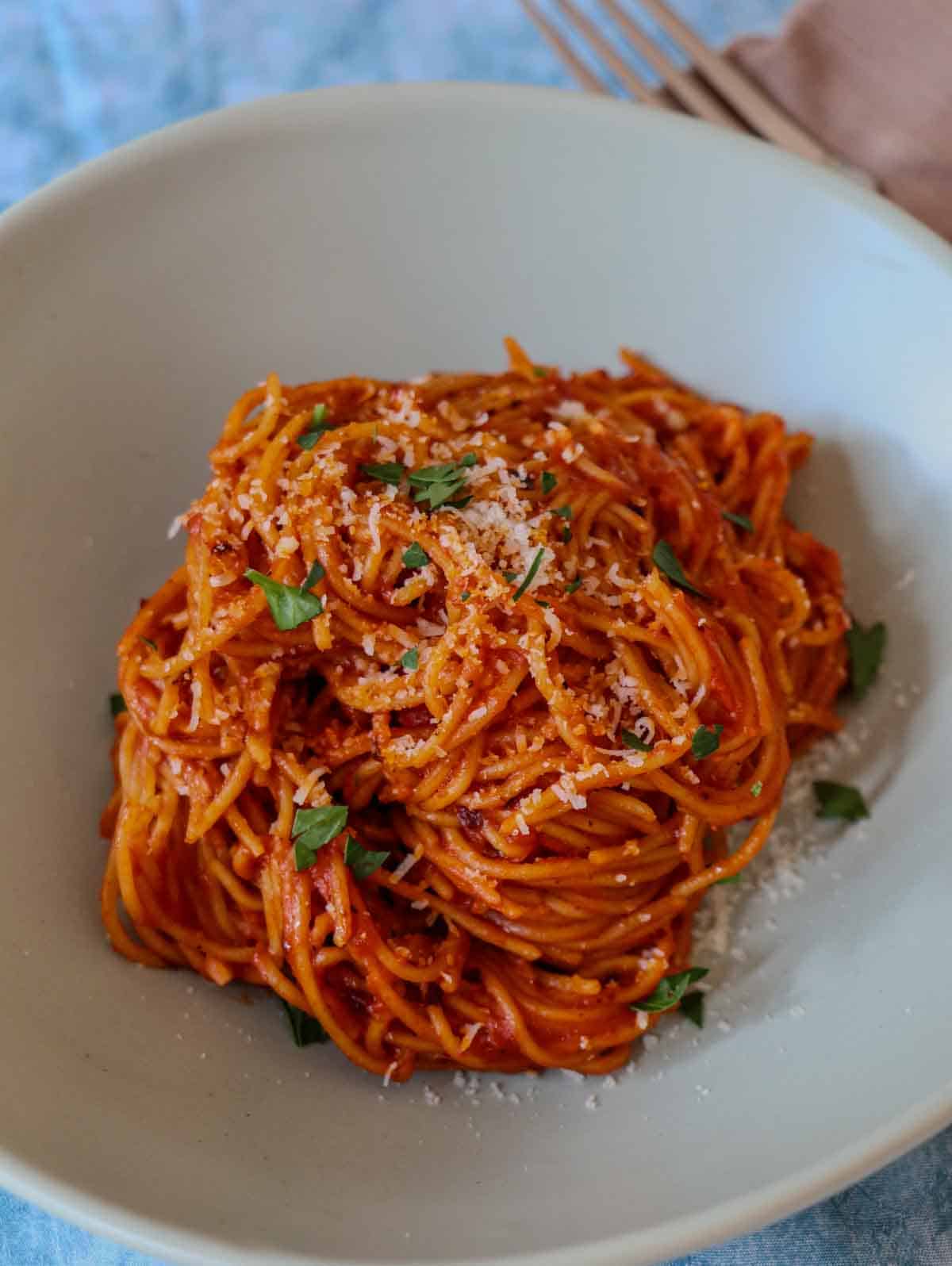 Angel Hair Pasta With Tomato Puree garnished with parsley and Parmesan cheese in a bowl, with a fork on the side.