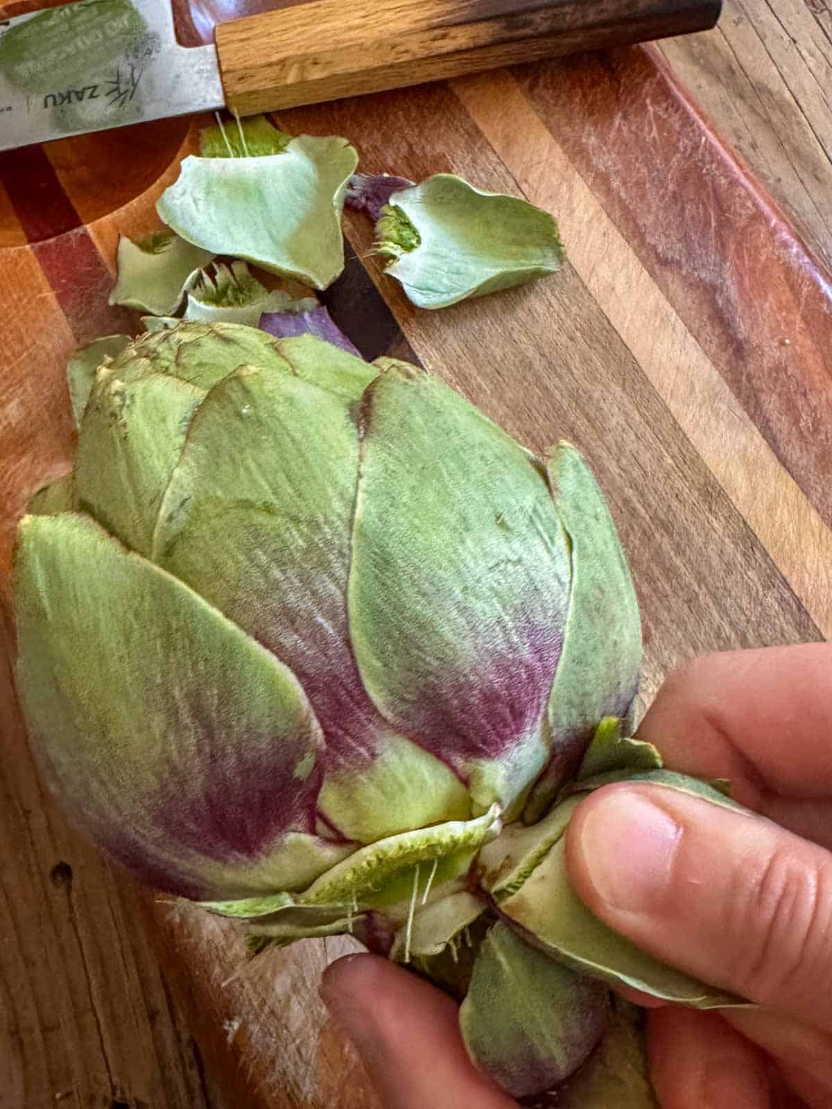 A person's hand being used to peel off the outer leaves of an artichoke with some of the peeled artichoke leaves and a knife in the background.